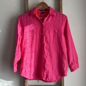 Ralph Lauren Hot Pink/Orange 3/4” Sleeve Button Down Top Sz: Small